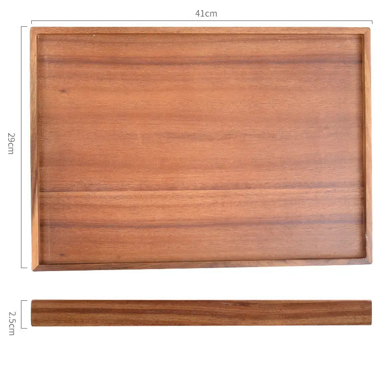 Acacia wood rectangular serving tray with a smooth warm brown finish and natural wood grain pattern hand polished for elegant presentation.