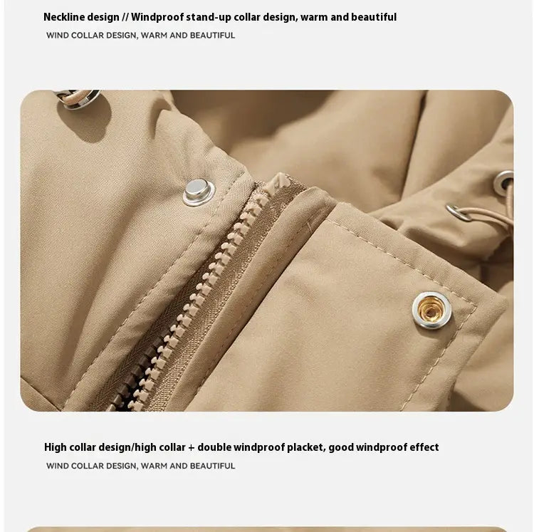 Beige Damen-Kapuzensteppjacke Windbreaker mit Stehkragen sowie Druckknöpfen und Reißverschlussbeschlägen in silberner Anmutung.