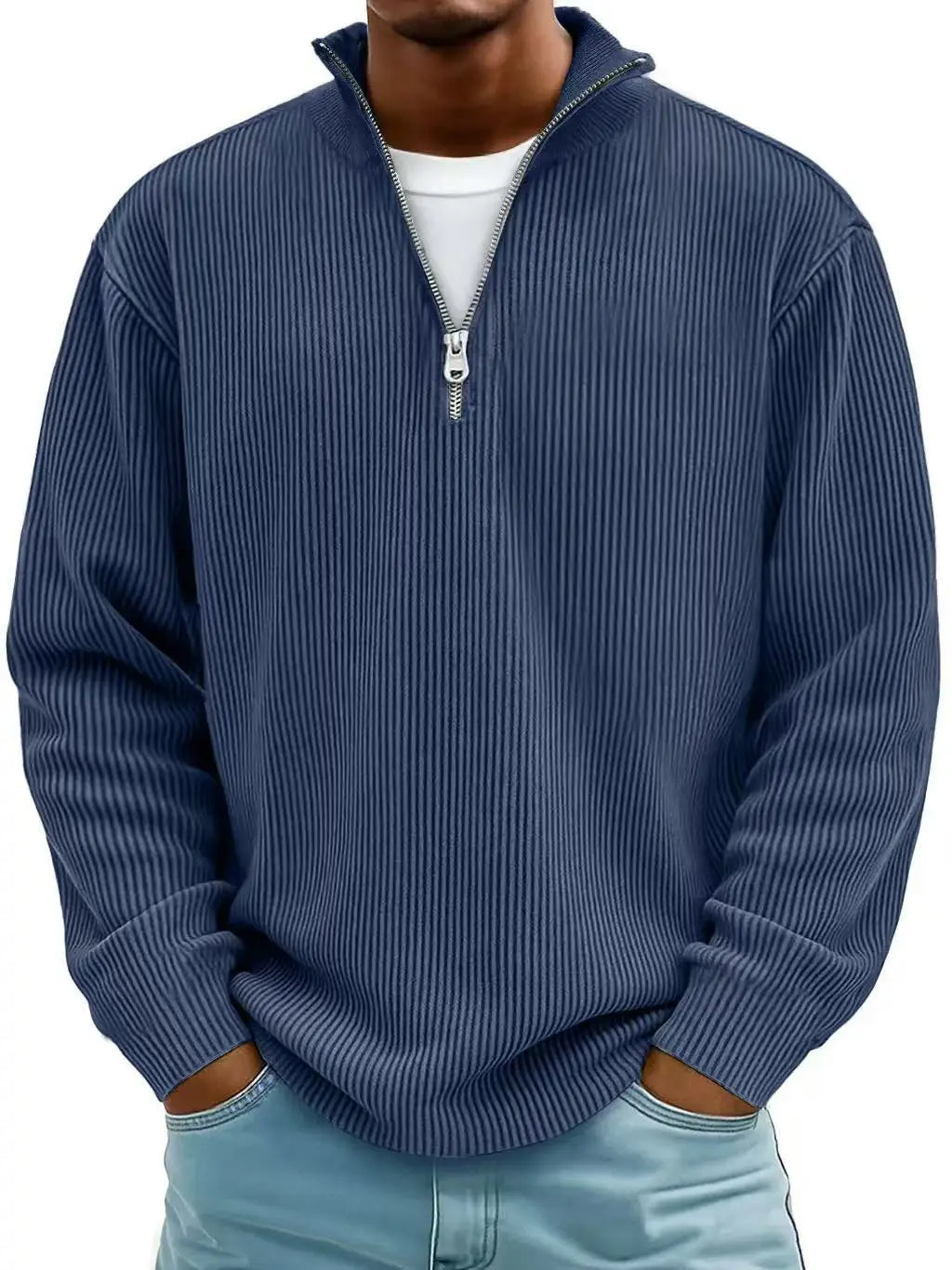 men’s navy blue ribbed knit half-zip corduroy polo sweatshirt made from textured fabric for casual wear