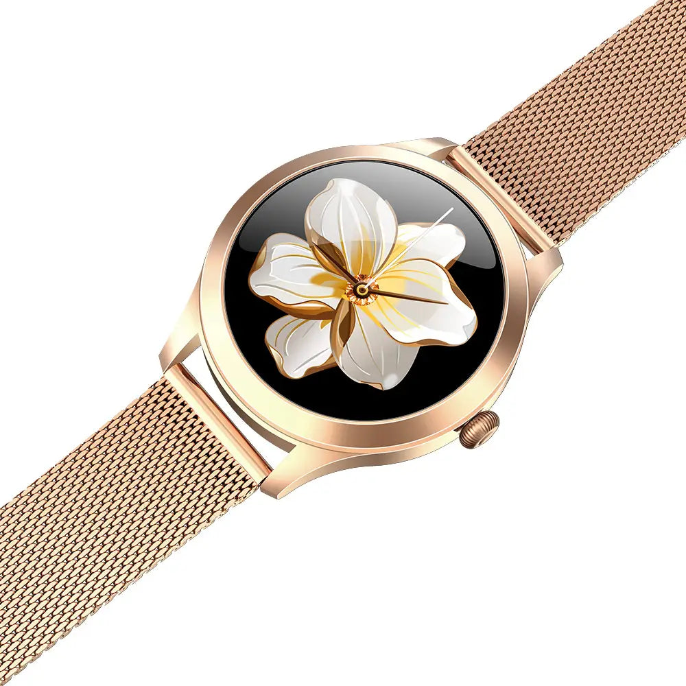 Kw10 Pro women rose gold mesh smartwatch with a butterfly dial featuring a round face with a white and yellow flower design on a black background.