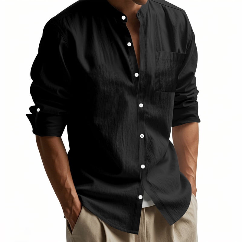 Men’s casual black linen button-down shirt with white buttons and rolled-up sleeves designed for long sleeve comfort and style.