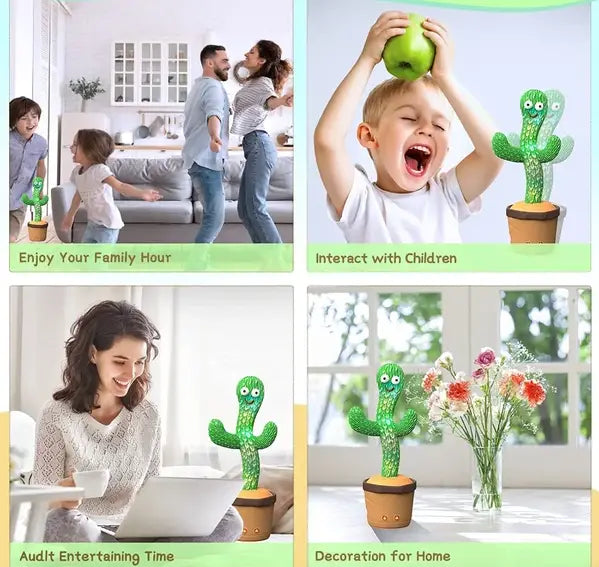 Jouet de cactus dansant en peluche vert avec des yeux mobiles et un visage souriant, comprenant 120 chansons et des lumières à DEL