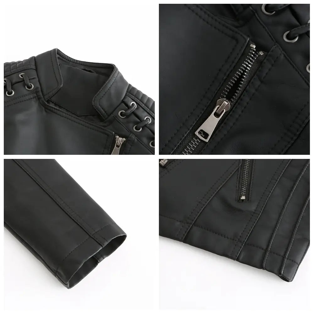 Schwarze Faux-Leder-Motorradjacke für Damen im Slim-Fit-Mantel mit silbernen Reißverschlüssen und Schnürkragen-Details.