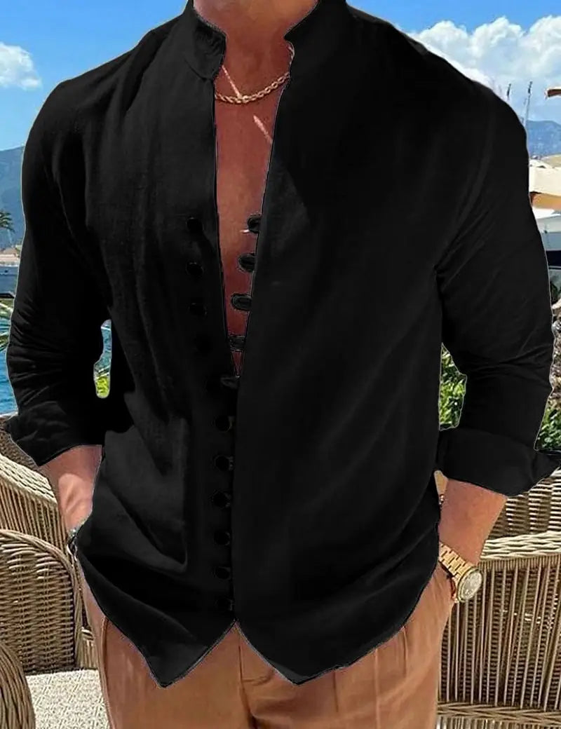 Black long-sleeved mandarin collar linen blend shirt with button-up front and rolled cuffs designed to be wrinkle resistant and casual.