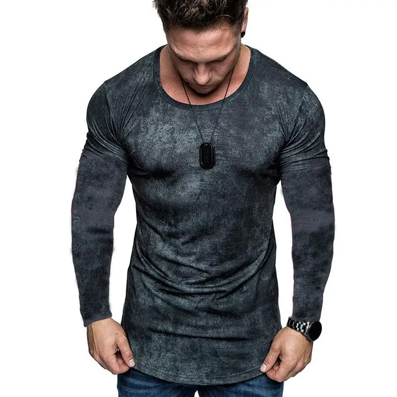 Dark gray men’s distressed textured long sleeve fitted t-shirt with a subtle textured pattern.