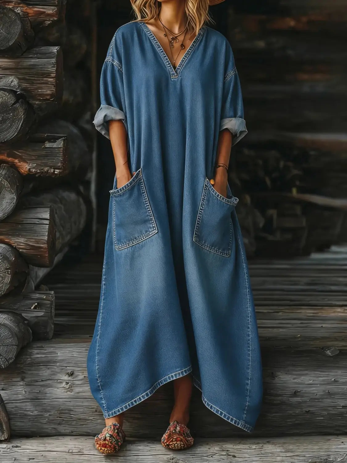 Un vestido largo de mezclilla azul fluido con escote en V y mangas remangadas, con dos grandes bolsillos delanteros.