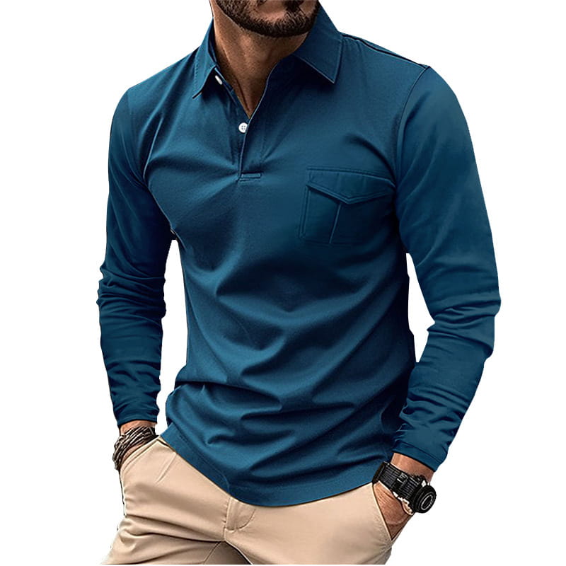 Ein elegantes dunkeltealfarbenes langärmliges Polohemd mit klassischem Kragen und geknöpfter Knopfleiste, ideal für Casual-Sportbekleidung.