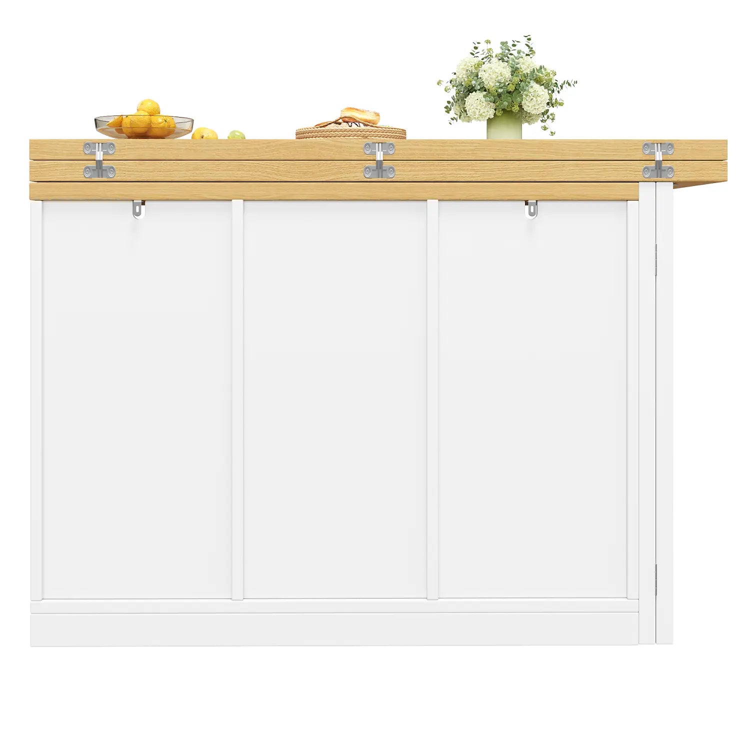 white foldable extendable kitchen island dining table with a light wood top and metal hinges designed for storage and space-saving use
