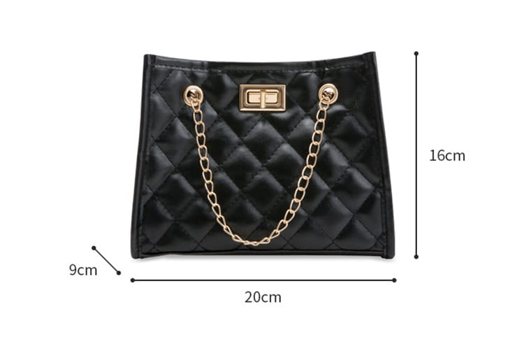 Black quilted mini chain shoulder bag with gold-tone chain strap and rectangular clasp featuring a rhombus pattern and small square design.
