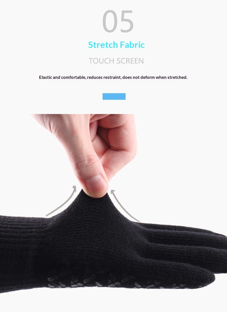 schwarze Stretch-Woll-Handschuhe für den Touchscreen im Winter mit strukturierter Griffzone an den Handflächen, von der Rückseite gezeigt
