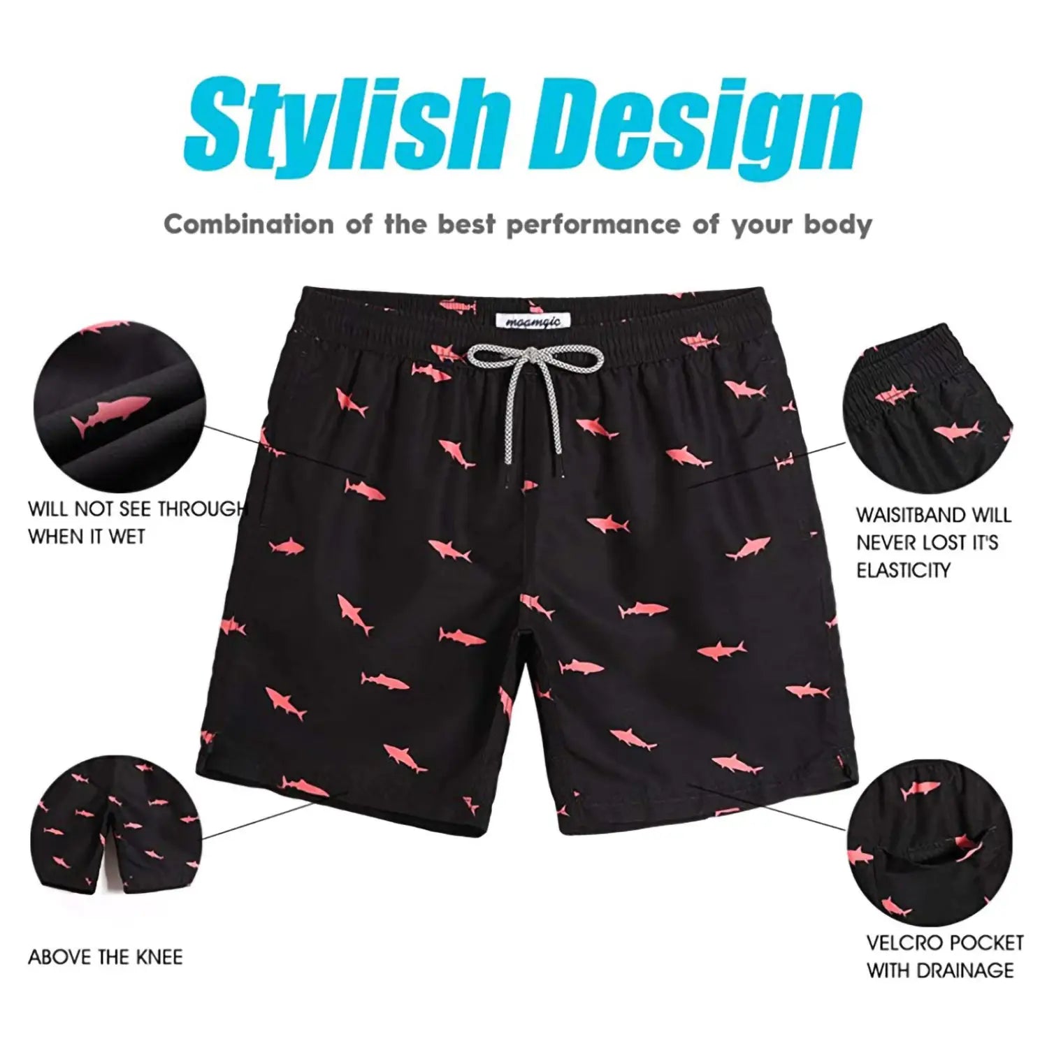 Shorts de bain séchage rapide pour hommes à imprimé de requin rose, de couleur noire, avec un motif ludique de requin rose et une ceinture élastique dotée de cordons blancs.