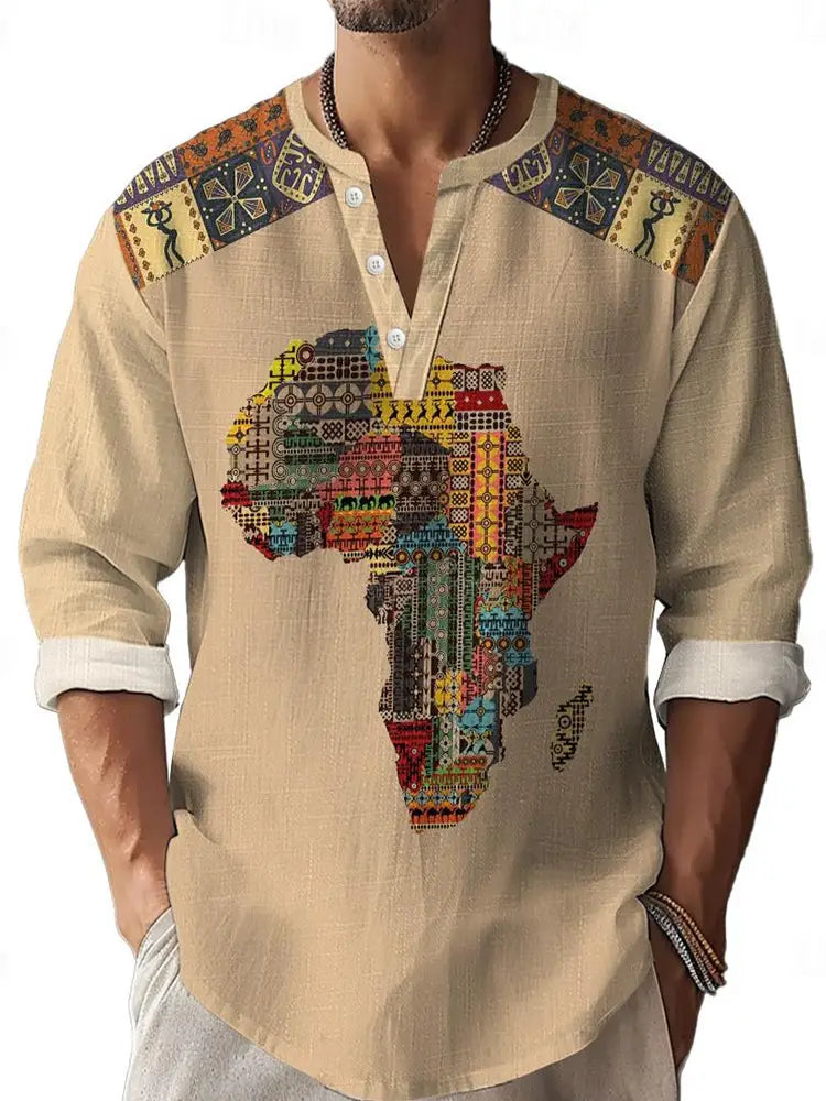 Beiges Bambus-Leinen besticktes Langarmhemd mit einem farbenfrohen Patchwork-Stil einer Afrikakarte, die über die Vorderseite gedruckt ist, sowie passenden Schulterpaneelen mit Muster.
