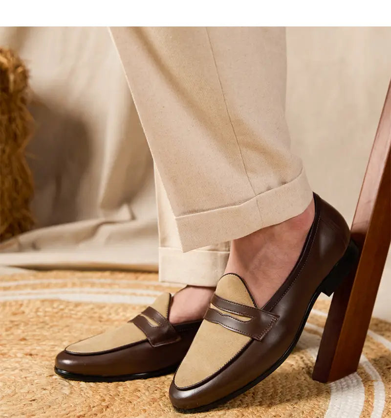 brown and beige two-tone British style leather loafers with a classic slip-on design and block heel
