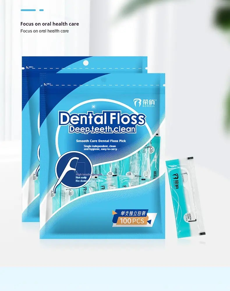 dental floss picks 100 count individual packets in blue and white packaging with a sleek modern design for effective oral hygiene use