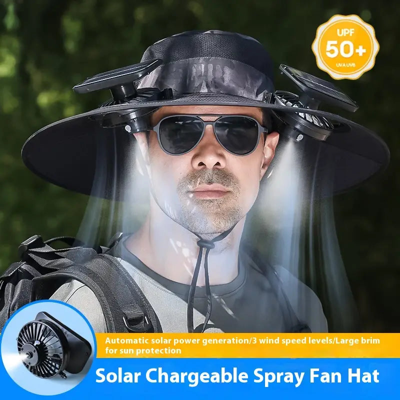 Black solar chargeable spray fan hat with wide brim transparent face shield and built-in fans for sun protection in camouflage military green color.