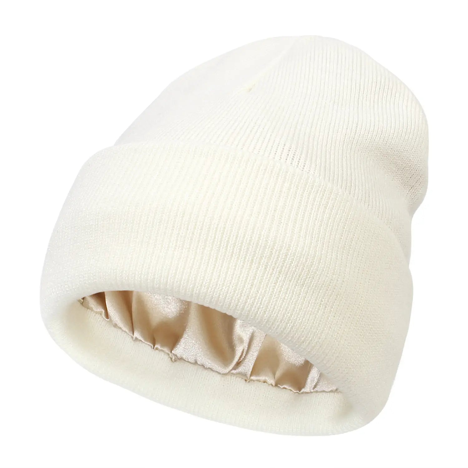 cream-colored knit beanie with a satin-lined interior designed as a warm winter hat.