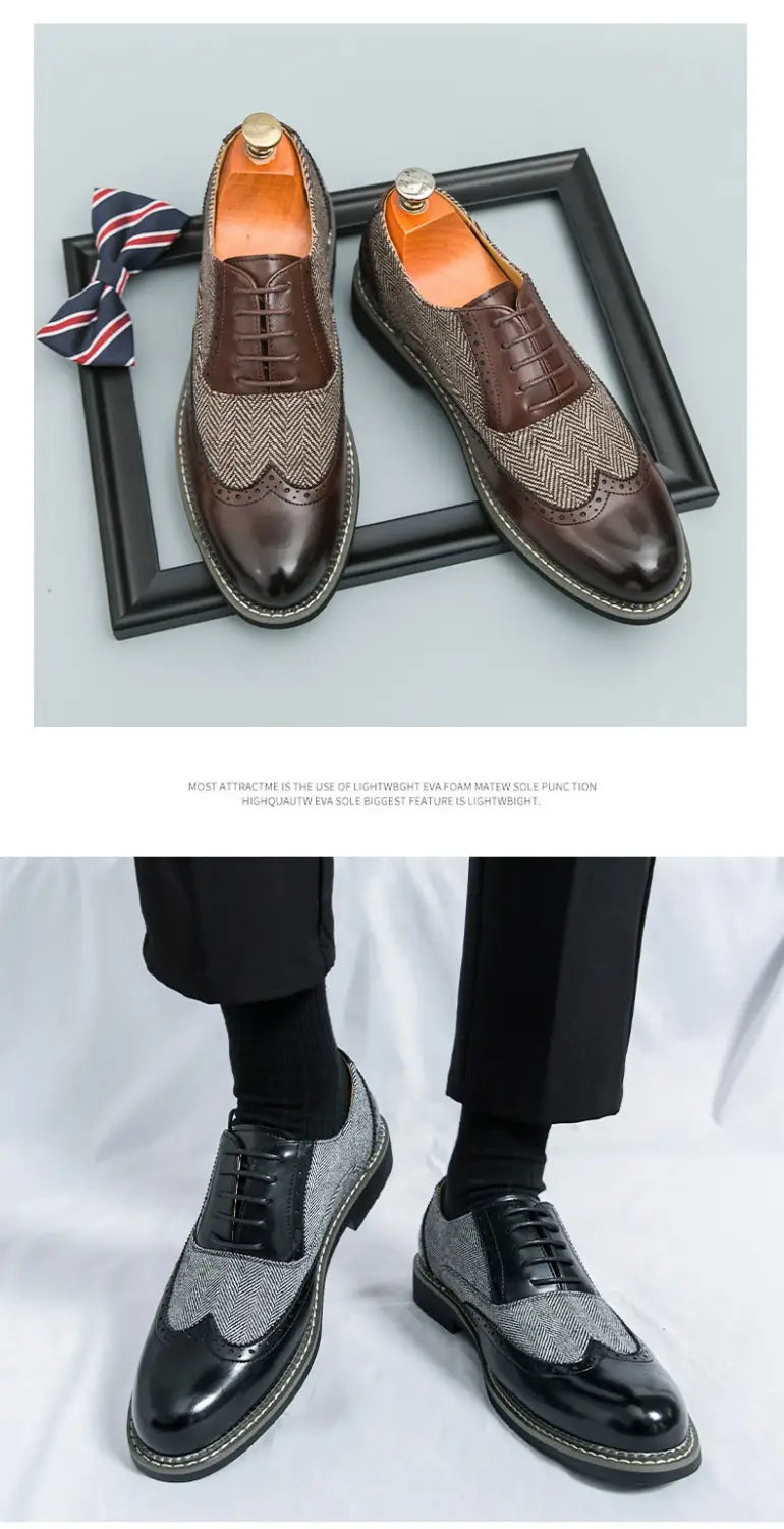 Men’s Korean style woven leather brogue high top shoes with brown and gray herringbone wingtip polished accents