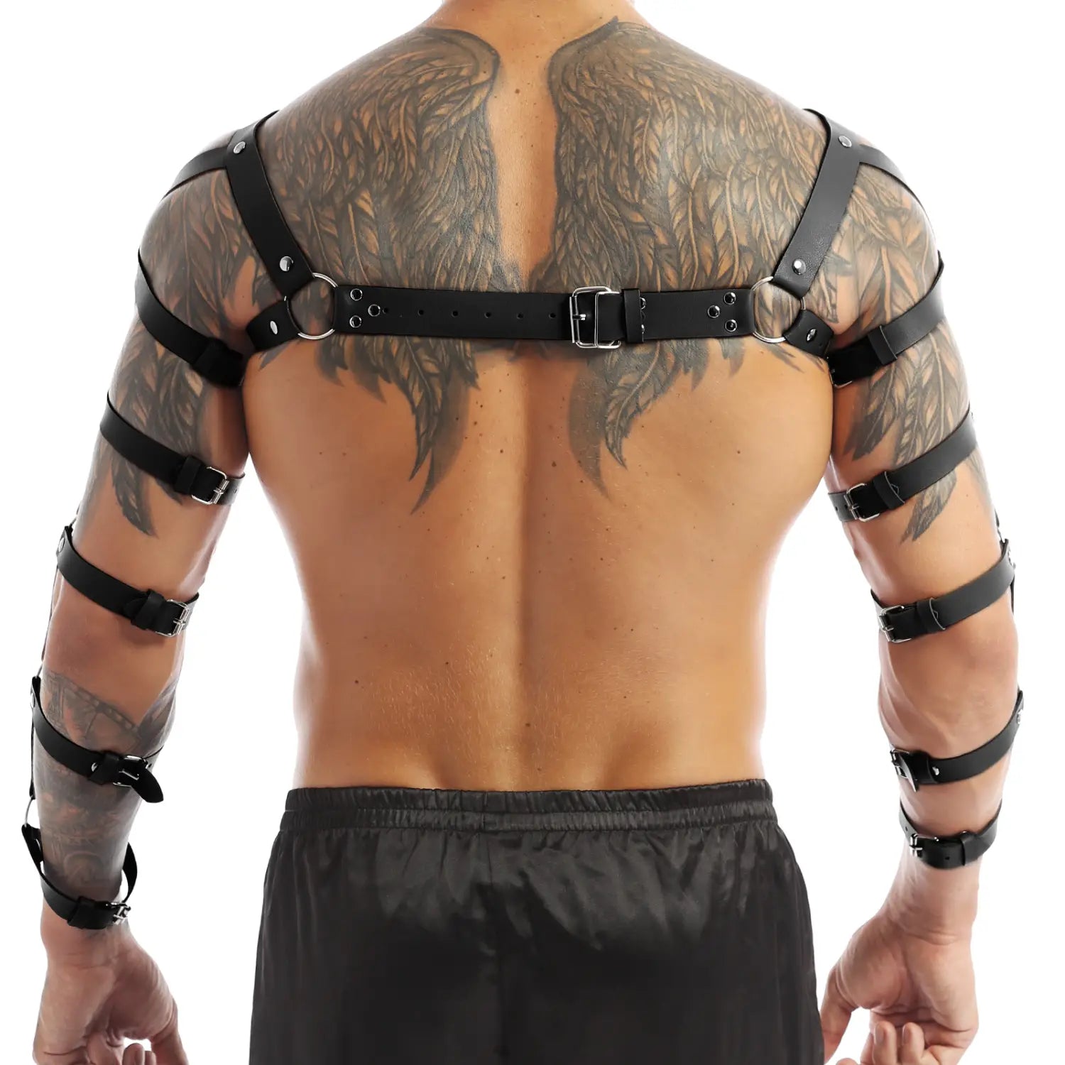 Men’s leather chest harness in black featuring adjustable straps and metal buckles made of leather.