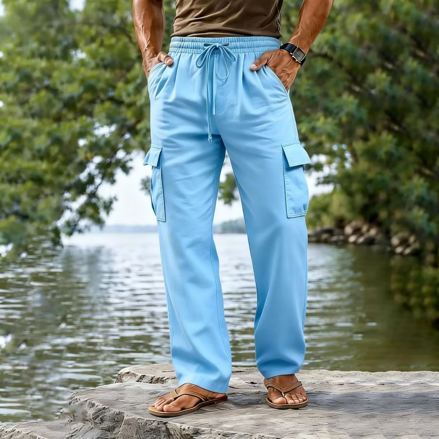 Light blue men cotton linen cargo pants with a drawstring waist and large side pockets designed for casual wear.