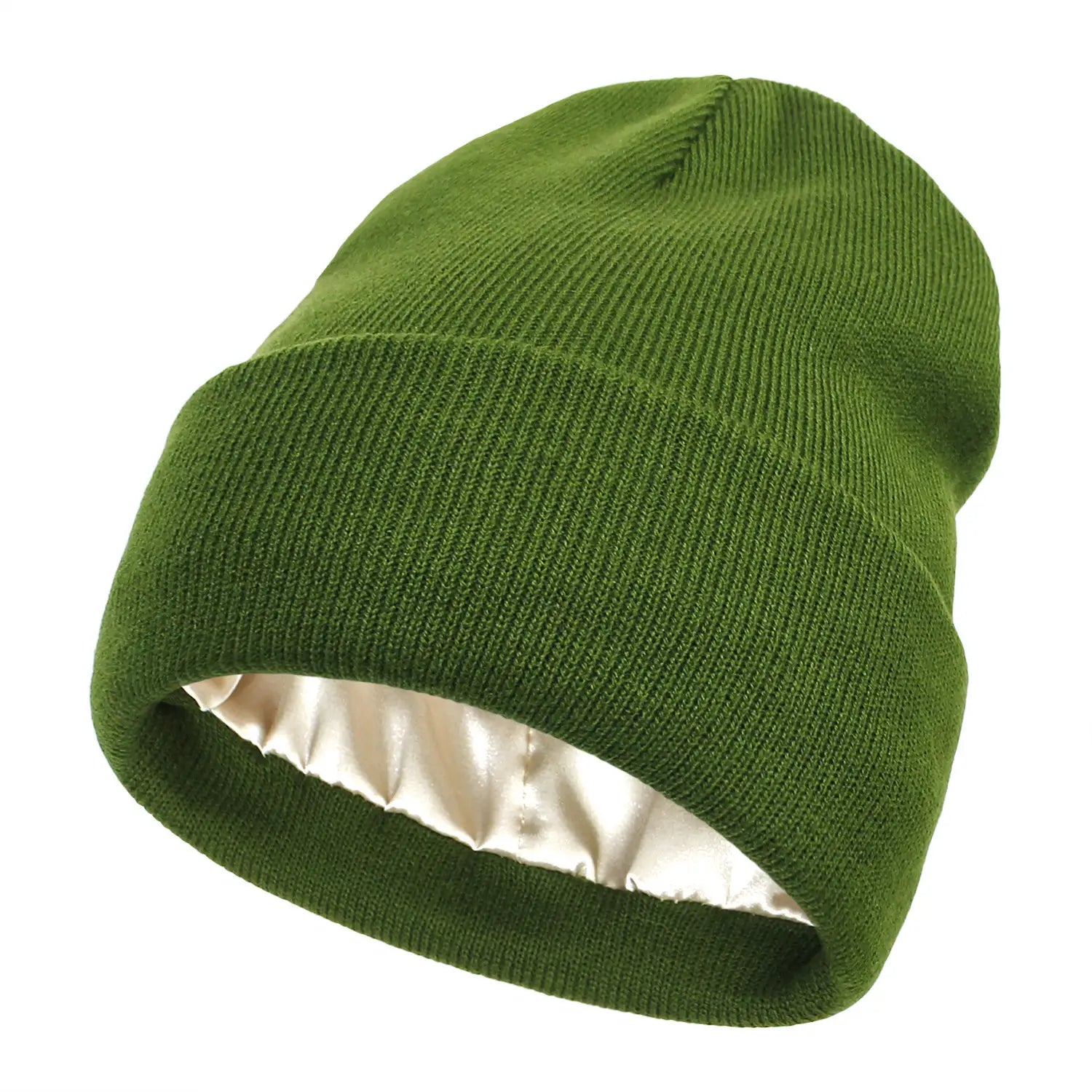 Olive green knit beanie with a satin-lined interior designed as a warm winter hat.