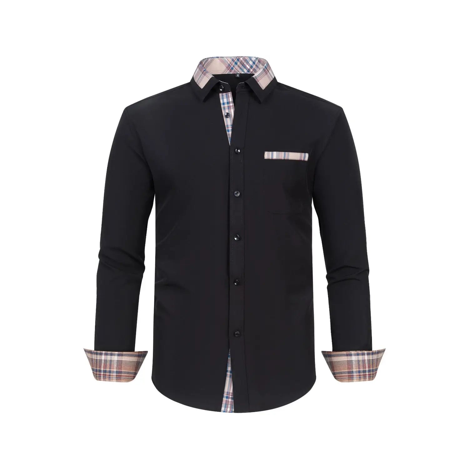 Herren-Kontrast-Karierte-Langarm-Anzughemd in Schwarz mit beige-braunem und navyfarbenem Karomuster am Kragen, an den Manschetten und in der Tascheninnenausstattung.