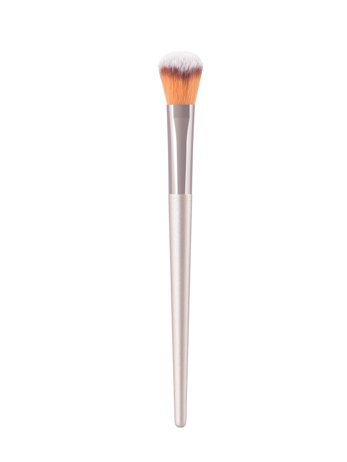A sleek silver finger belly makeup brush with a gradient of orange and white bristles designed as a professional contour tool.