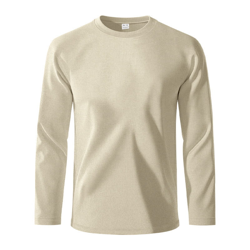 Beige men’s long sleeve thermal pullover with a subtle waffle knit texture designed for warmth and comfort.