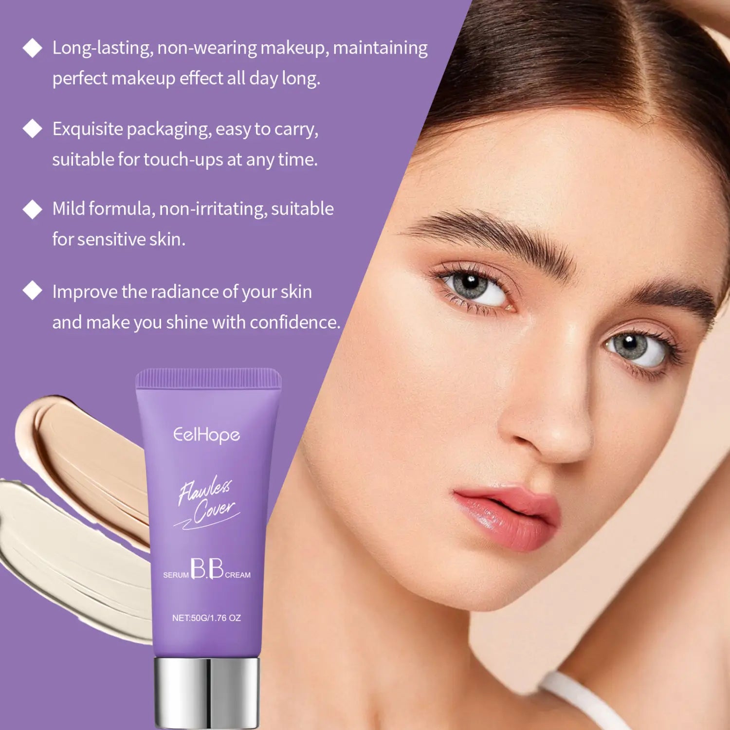 Tube violet de Eelhope flawless cover serum BB crème avec capuchon argent, pour une hydratation 50 g.