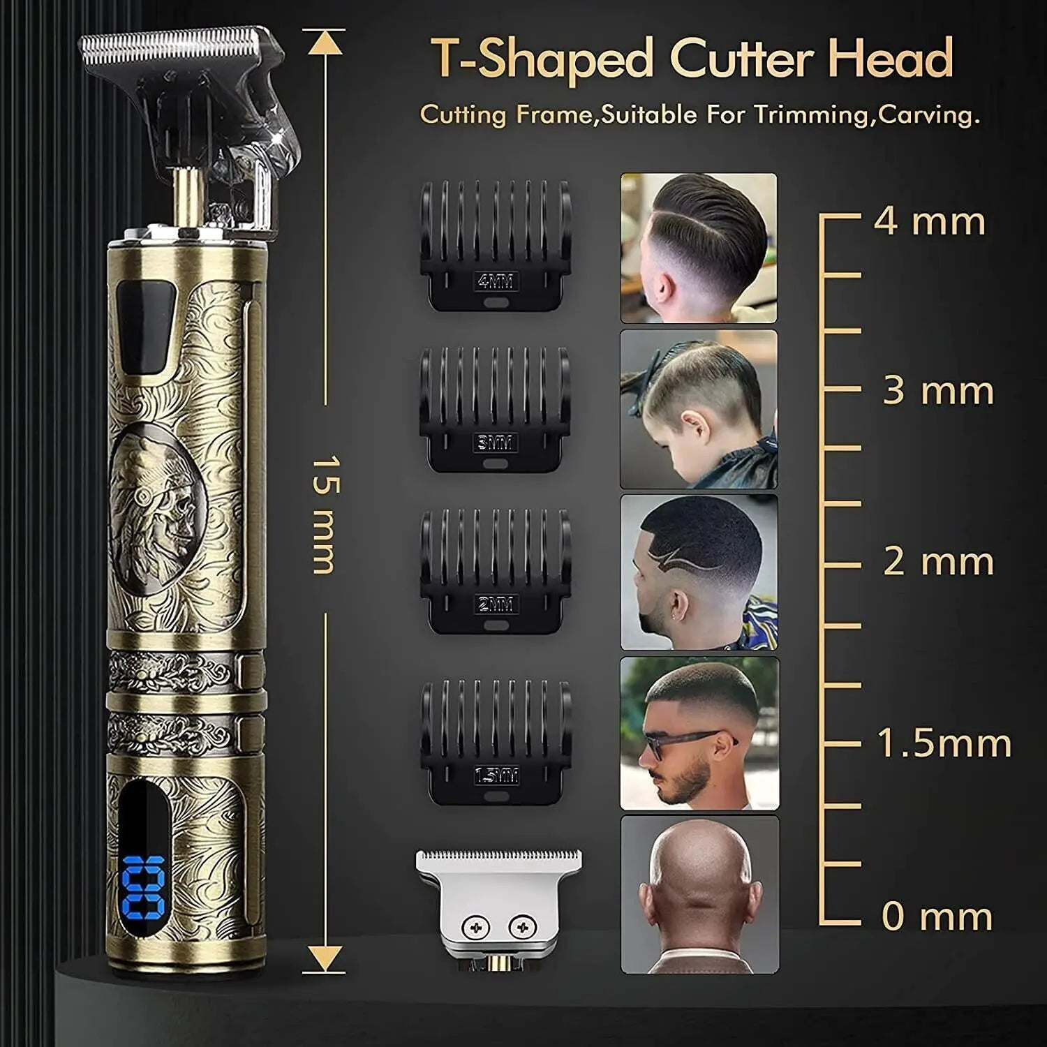 Gold-colored electric hair trimmer with intricate engraved designs and digital display for professional men’s grooming.
