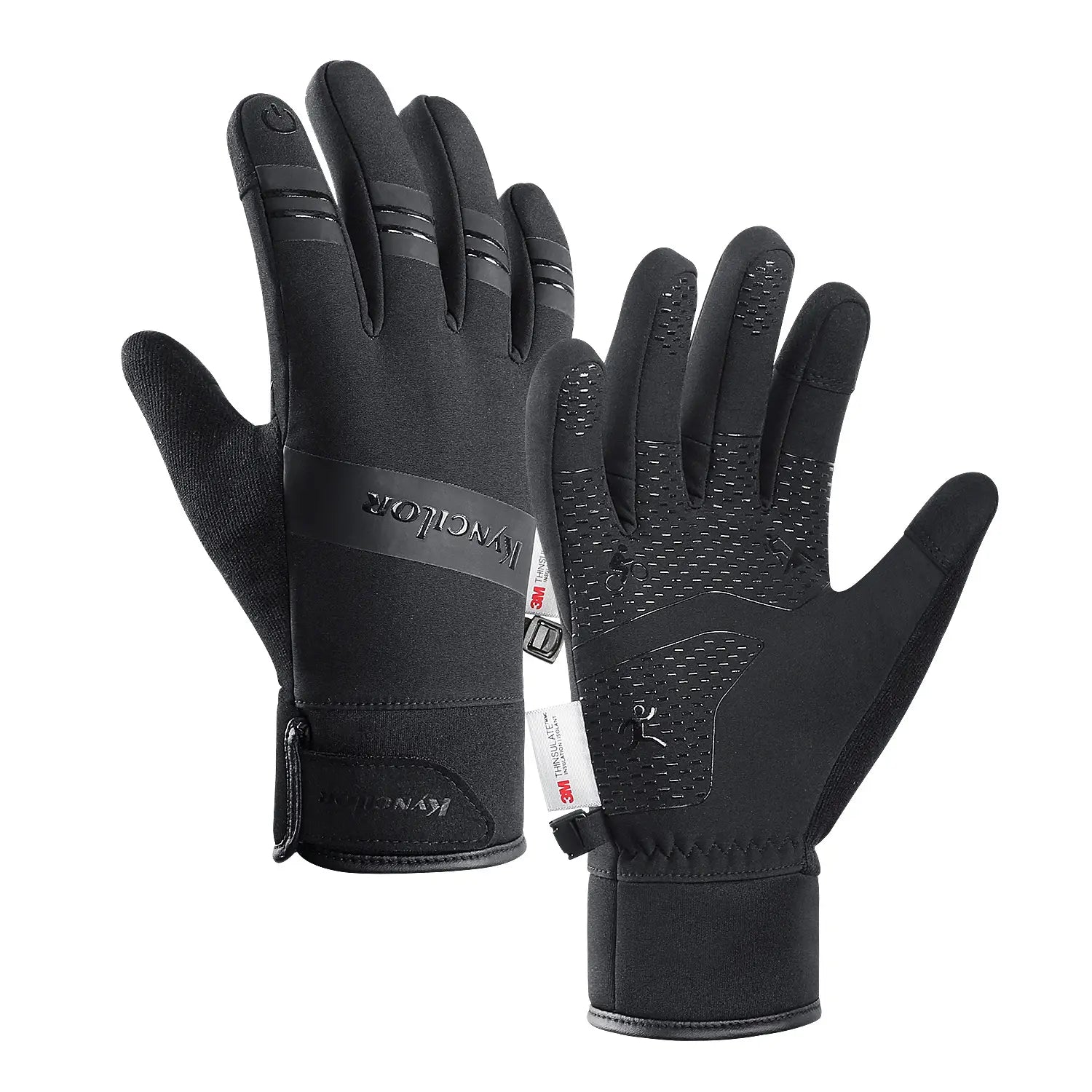 Black waterproof touchscreen ski gloves shown from the back with textured grip panels and a branded wrist strap.