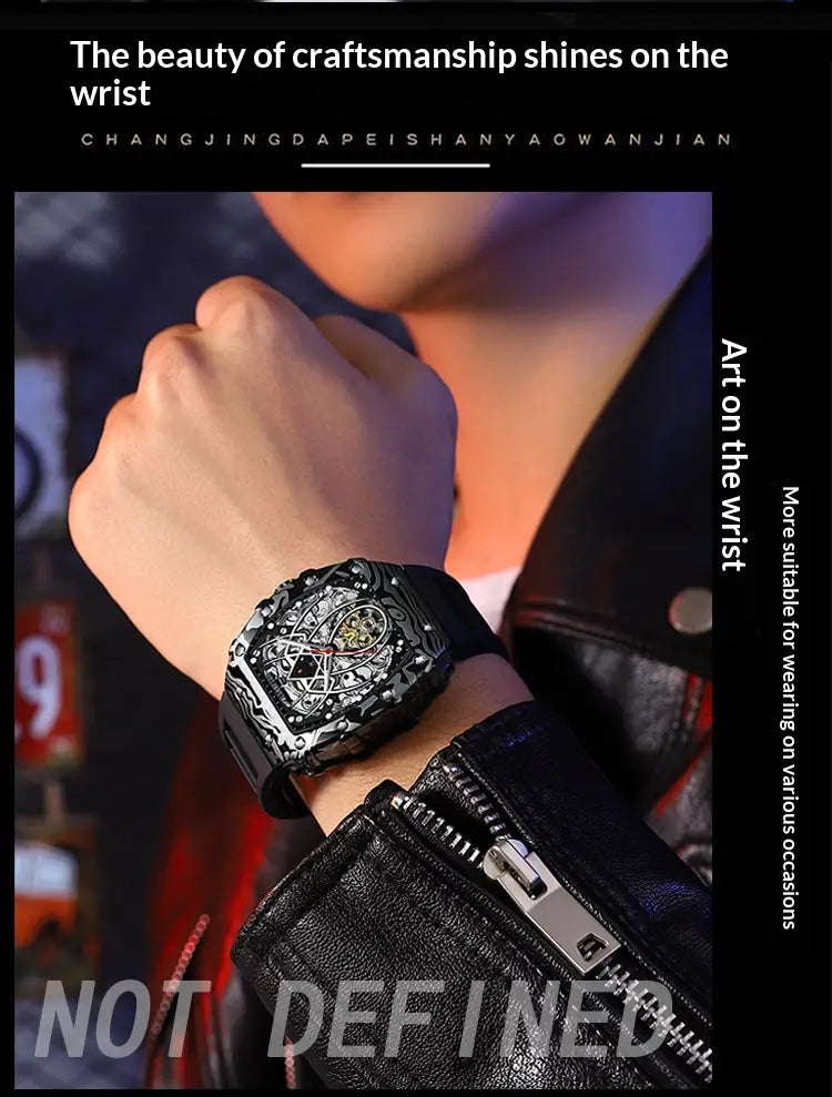 Men’s barrel skeleton automatic mechanical sport watch in black featuring an intricate mechanical design and a black rubber strap.