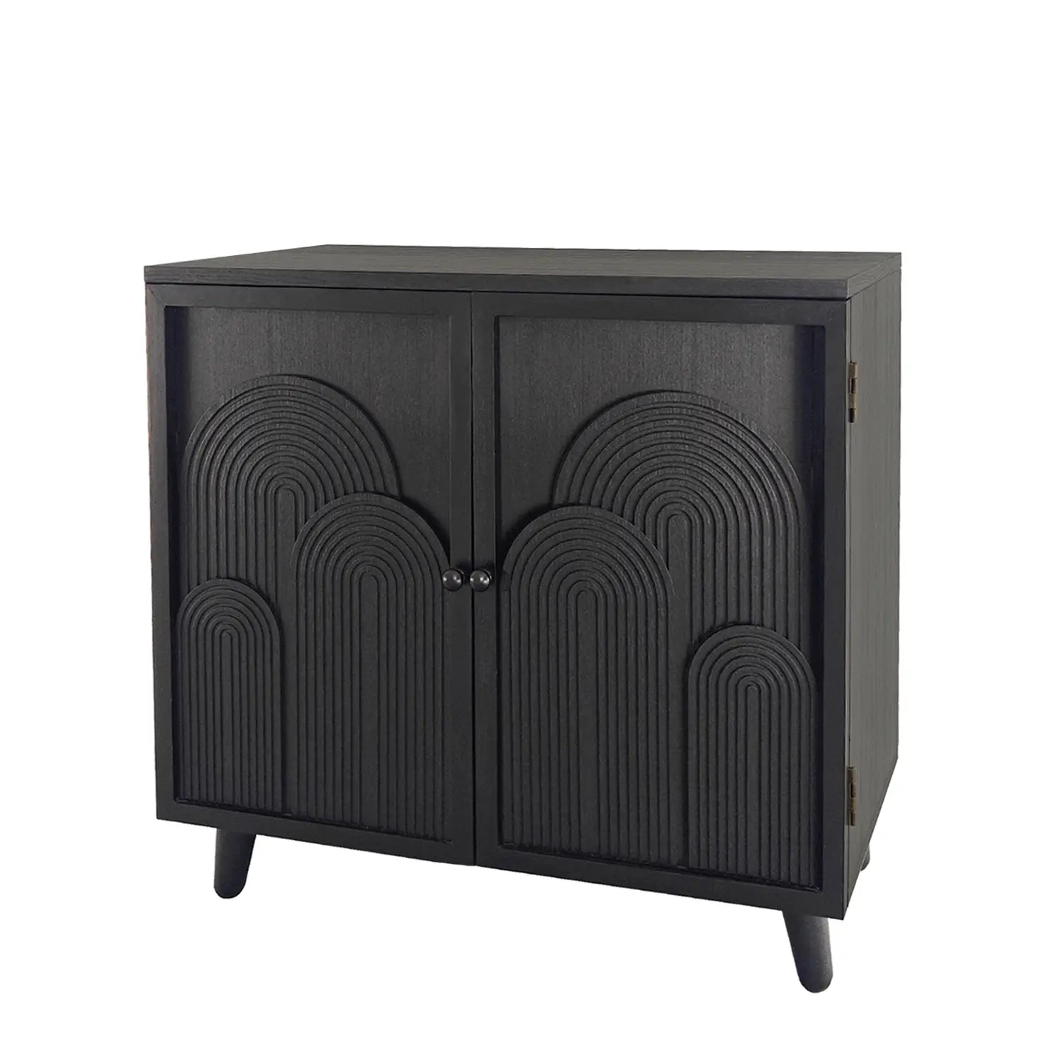 Black wood storage cabinet 31in with embossed arched patterns on the doors and slender legs.