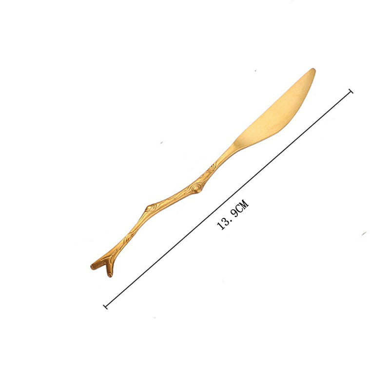 Couteau à beurre doré en acier inoxydable, élégant, d’une longueur de 13,9 cm, avec un manche inspiré de la branche d’arbre et une gravure élégante, provenant de l’ensemble d’ustensiles de dessert en acier inoxydable à branches.