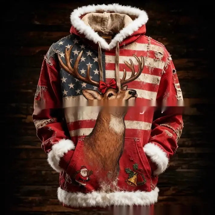 Sudadera roja con ribete de piel sintética de Santa Claus, con estampado de bandera estadounidense desgastada e ilustración detallada de un ciervo con un lazo rojo, ribete de piel blanca en las bocamangas de la capucha y en el dobladillo.