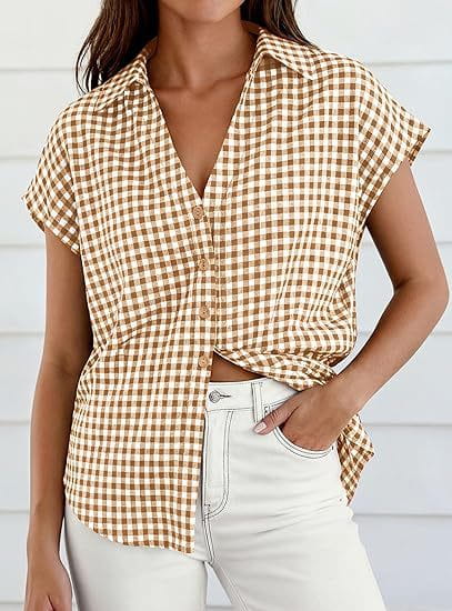 A beige and brown gingham plaid button up blouse with short sleeves front knot and v-neckline.