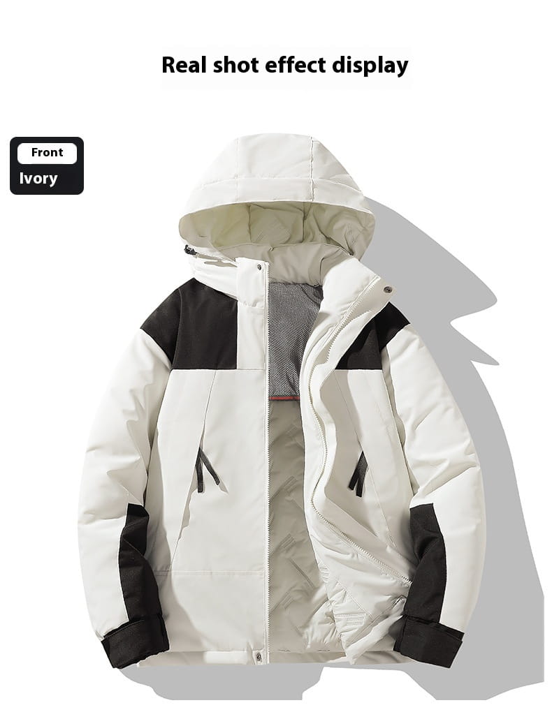 Ivory and black waterproof thermal winter puffer jacket with a hood featuring a quilted design and contrasting panels.