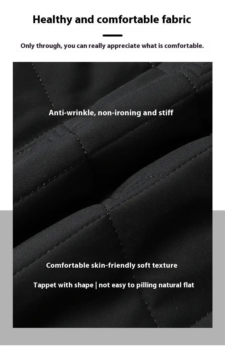 Chaqueta acolchada de trabajo para hombres confeccionada en tejido acolchado negro con costuras visibles y una textura suave y agradable para la piel.