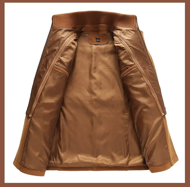 Men woolen coat zipper trench jacket featuring a brown leather bomber jacket style with ribbed collar and cuffs.