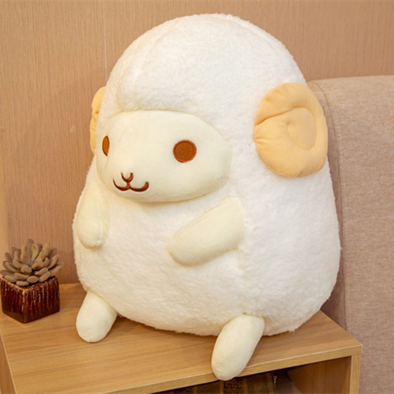 A plush white sheep soft stuffed animal doll with soft fluffy texture and beige ears sits on a wooden surface measuring 30-40cm.