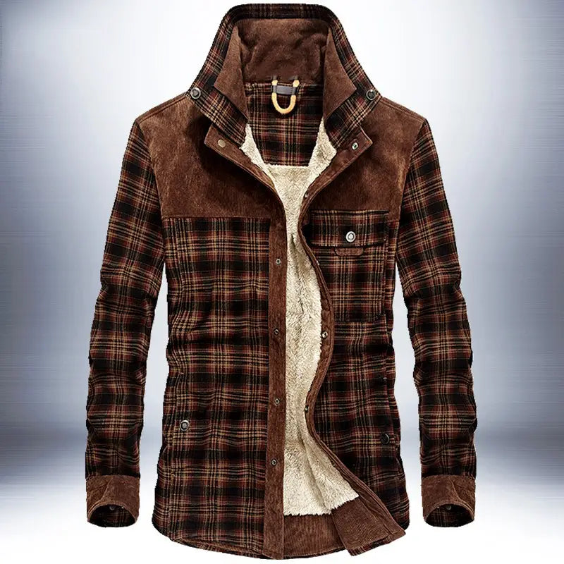 men’s brown plaid corduroy winter jacket with shearling-lined interior and suede accents designed for cold weather.