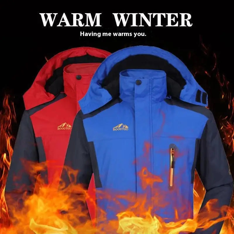 Men’s mid length fleece lined insulated winter jacket in blue and black with a hood featuring the rooctuo brand logo on the chest.