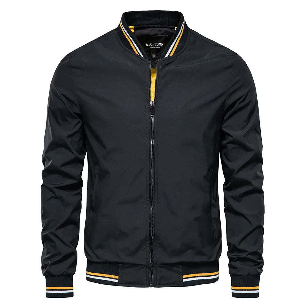Men’s black aiopeson bomber jacket casual zip outerwear with yellow and white striped trim on the collar cuffs and waistband.