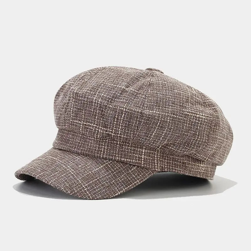 A brown and beige plaid woolen eight-panel flat cap designed in British style tweed for women.