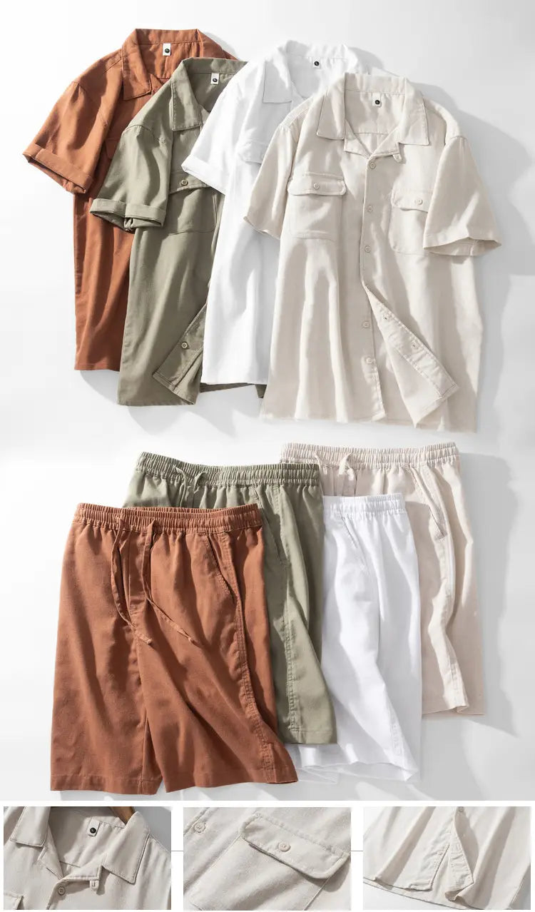 Eine Kollektion von Herrenhemden für Arbeitskleidung aus Baumwolle und Hanf mit kurzem Ärmel sowie passenden Shorts in erdigen Farbtönen, darunter Terrakotta, Olivgrün, Weiß und Beige