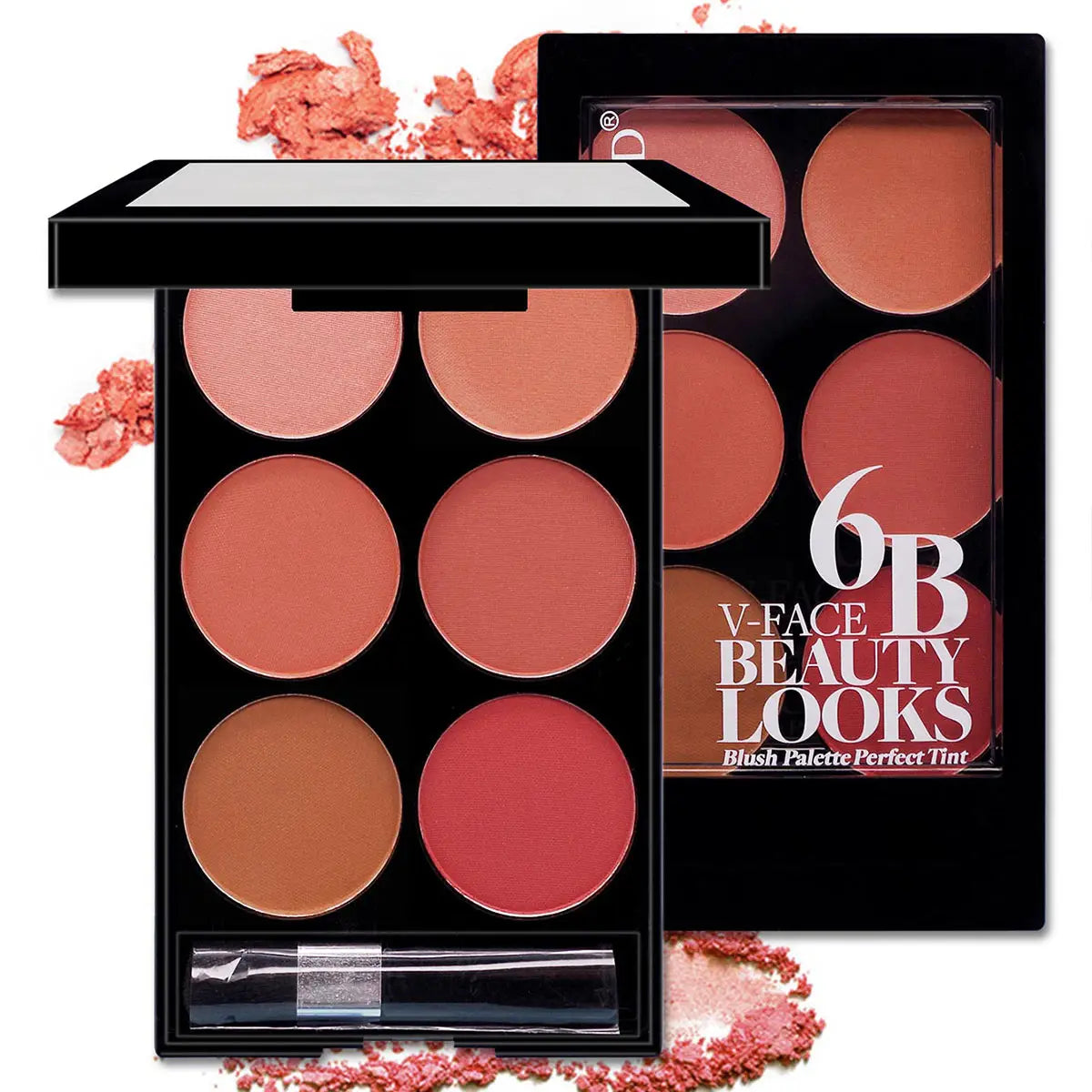 Palette rectangulaire de fard à joues noir en six couleurs et kit de contour du visage en V, comprenant six godets circulaires aux tons pêche corail et rose avec pinceau intégré.