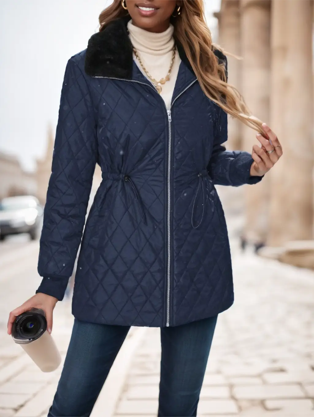 Navy blue quilted padded winter coat with black faux fur collar and drawstring waistband designed for cold weather.