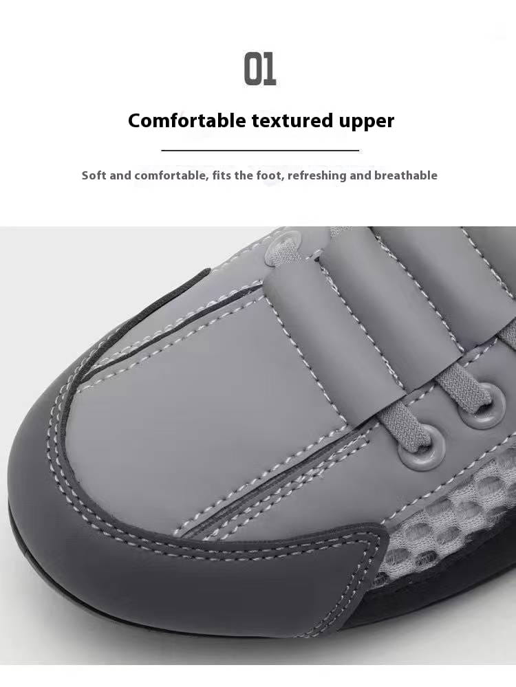 Des baskets décontractées respirantes à enfiler en maille pour hommes, en cuir texturé gris, avec des coutures renforcées et une doublure en maille.
