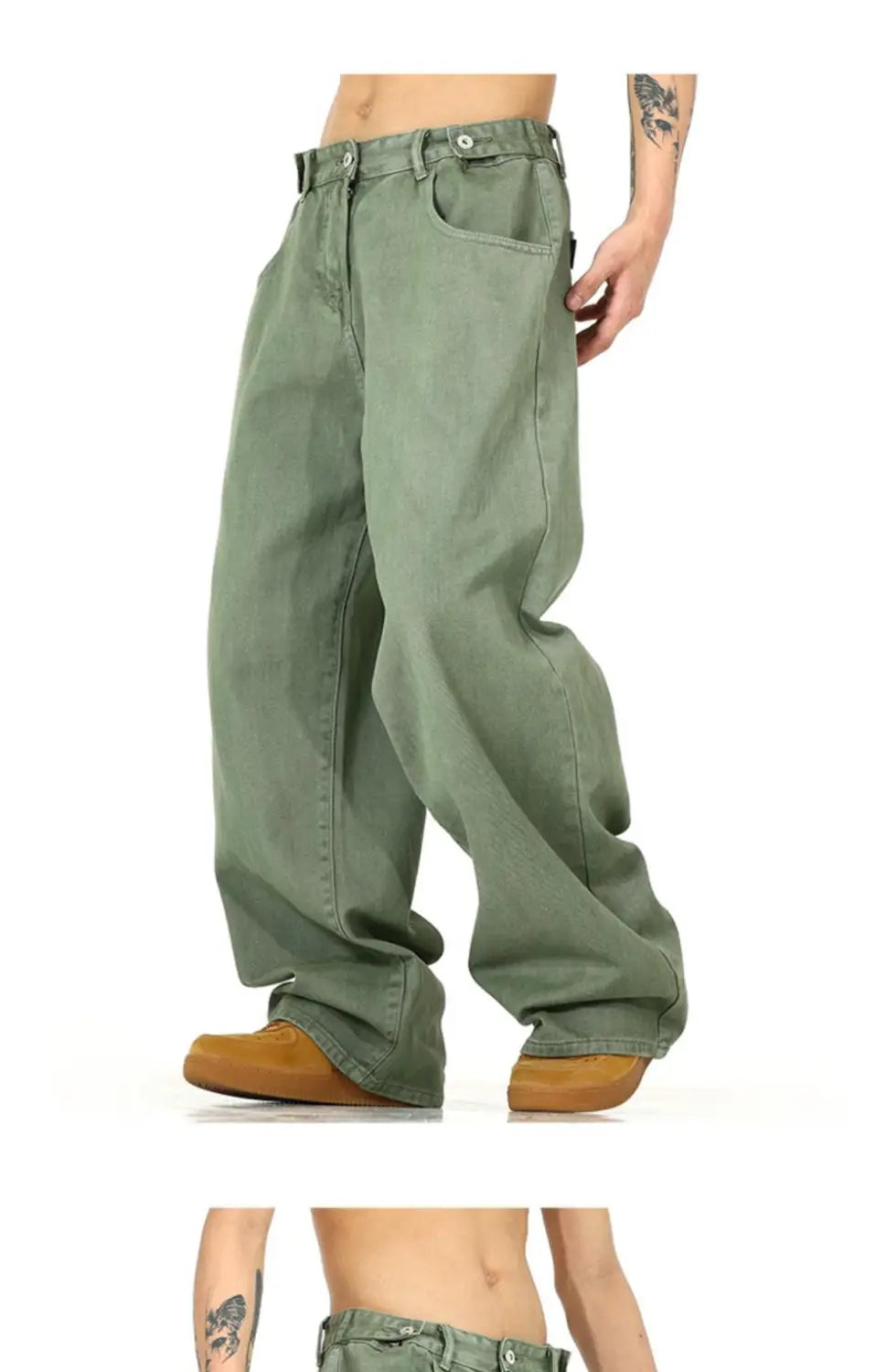 Men’s vintage wide leg high waist relaxed olive green denim jeans with a classic five-pocket design and baggy fit.