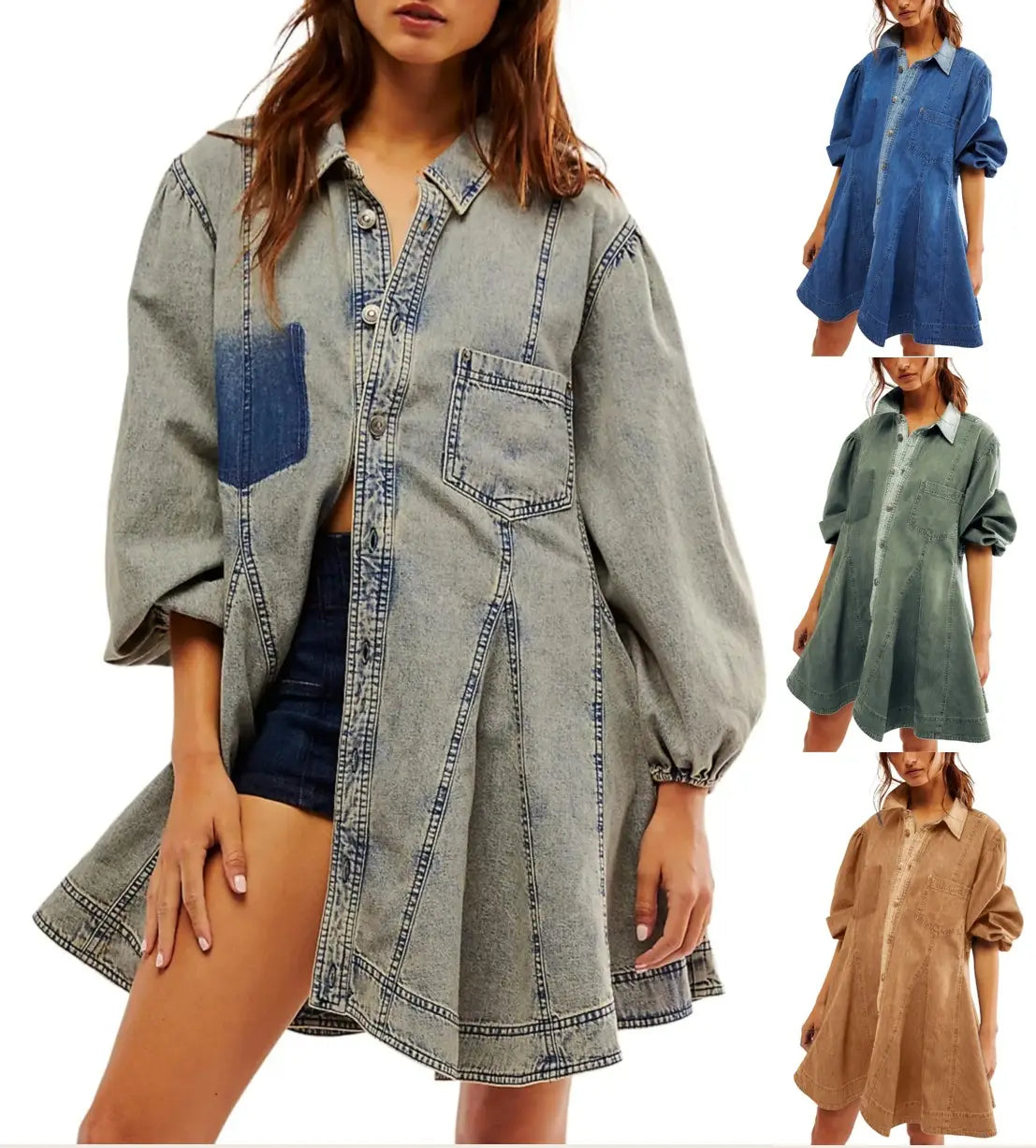 A women’s oversized denim shirt dress in faded gray wash with contrasting blue and green patch pockets and a button-down front closure featuring lantern sleeves.