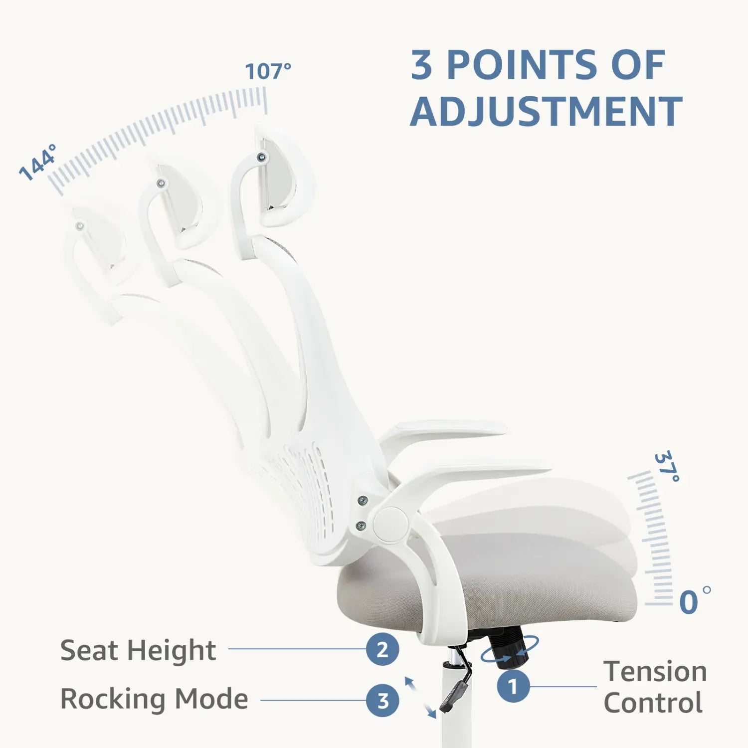Chaise de bureau ergonomique en maille blanche avec réglage de la hauteur d’assise en mode d’oscillation et contrôle de la tension, dotée d’accoudoirs relevables pour un usage au bureau.
